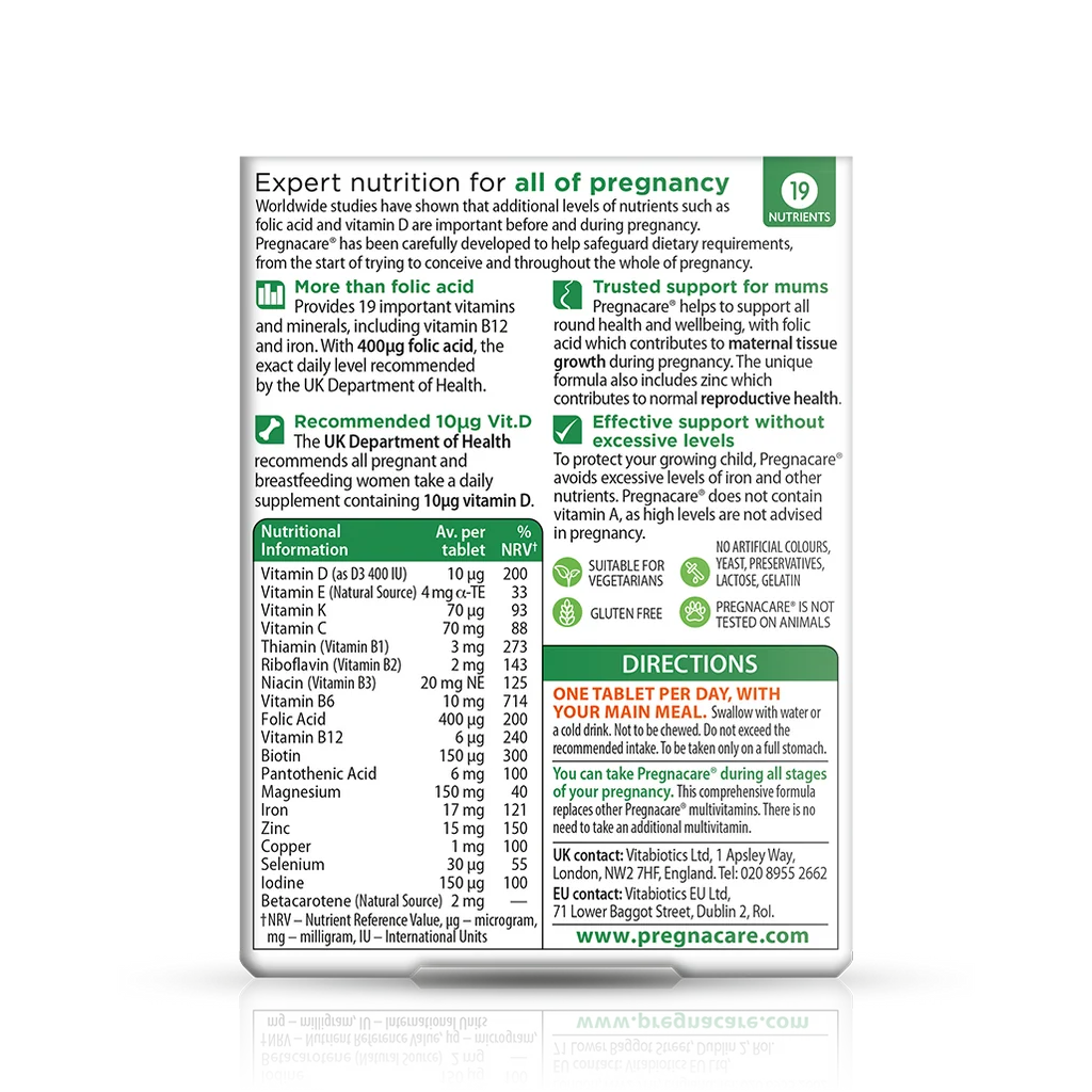 Back label showing supplement facts and ingredient table for Vitabiotics Pregnacare Original 30 Tabs - MyVitaminHub