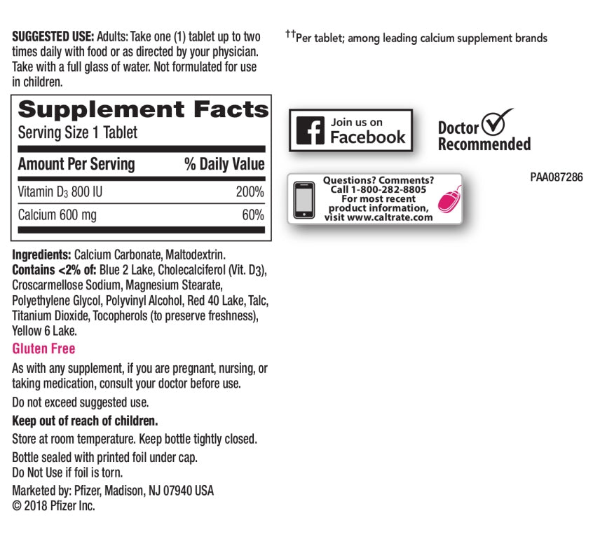 Back label showing supplement facts and dosage guide for Caltrate 600+D3 Bone Strength 120 Tabs - MyVitaminHub