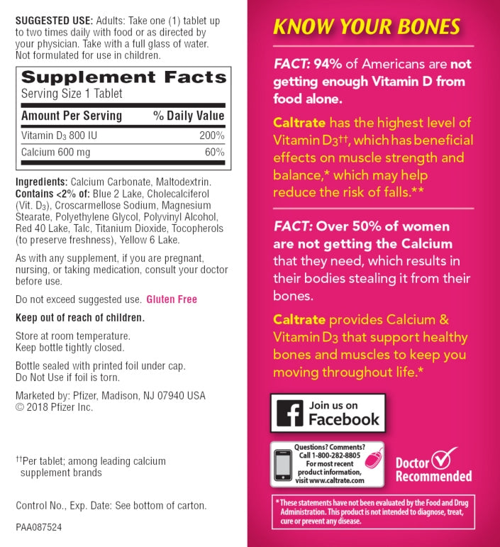 Back label showing supplement facts and dosage guide for Caltrate 600+D3 Bone Strength 60 Tabs - MyVitaminHub