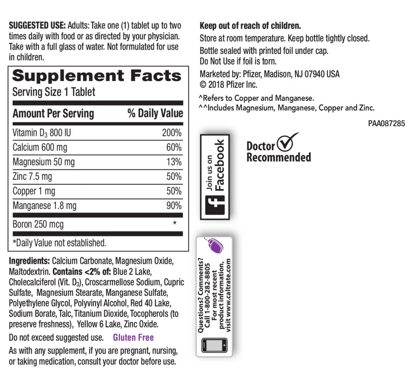 Back label showing supplement facts and mineral blend for Caltrate 600+D3 Plus Minerals 120 Tabs - MyVitaminHub