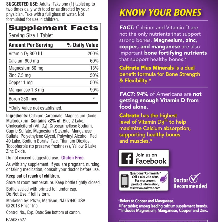 Back label showing supplement facts and mineral blend for Caltrate 600+D3 Plus Minerals 60 Tabs - MyVitaminHub