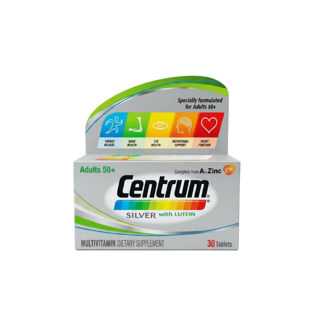 Front box of Centrum Silver with Lutein Adults 50+ Multivitamin 30 Tablets - 100% Original Imported | MyVitaminHub