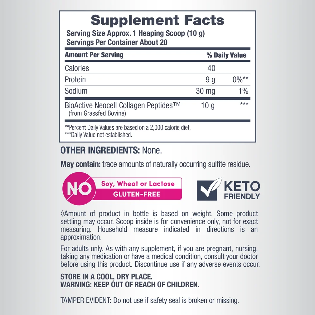 Back label showing Supplement Facts for NeoCell Grassfed Collagen Peptides 200g - MyVitaminHub