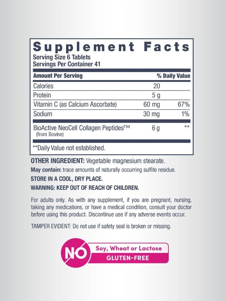 Back label showing Supplement Facts for NeoCell Grassfed Collagen Peptides + Vitamin C 250s - MyVitaminHub