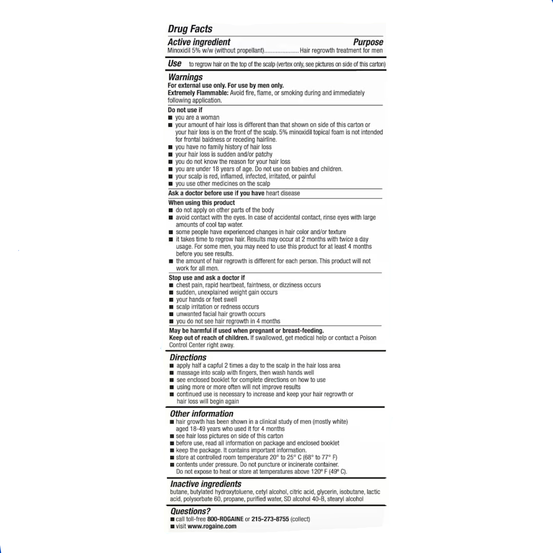 Men's Rogaine Drug Facts – Active Ingredient Minoxidil 5%, Directions and Warnings