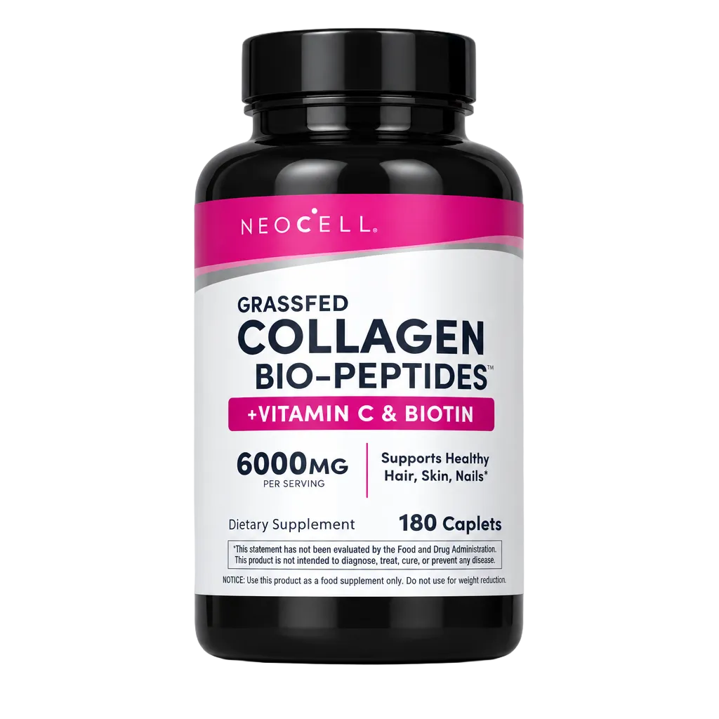 Front bottle of NeoCell Grassfed Collagen Bio-Peptides + Vitamin C & Biotin 180 Caplets - Imported USA | MyVitaminHub
