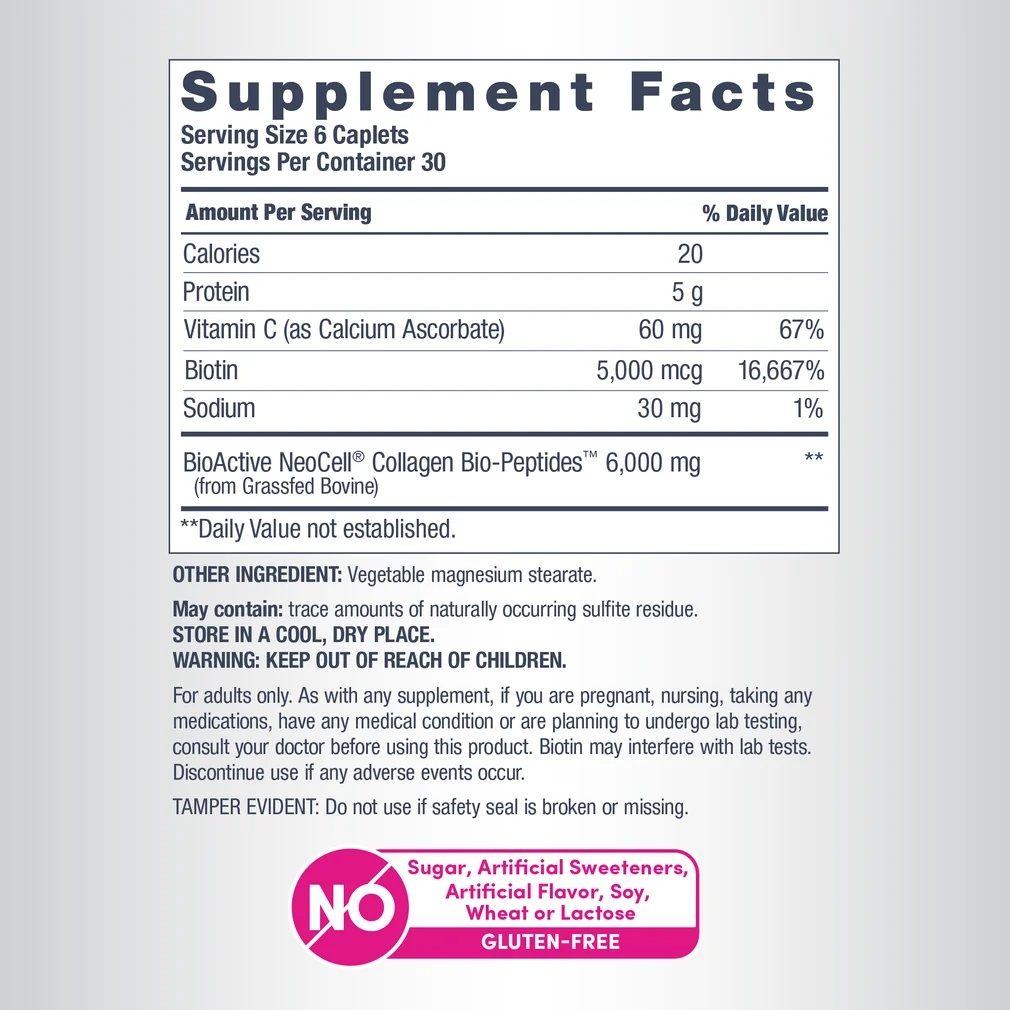 Back label showing Supplement Facts for NeoCell Grassfed Collagen Bio-Peptides 180 Caplets - MyVitaminHub