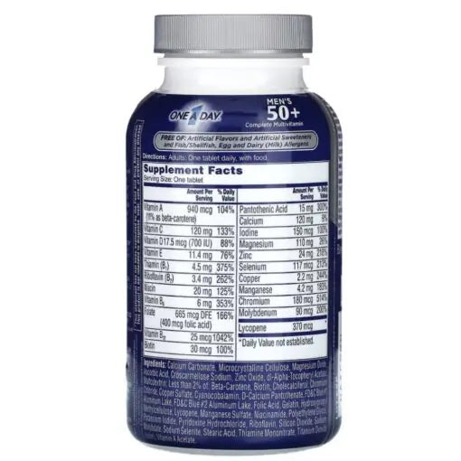 Back label showing Supplement Facts for One A Day Men's 50+ Complete Multivitamin 100 Tabs - MyVitaminHub