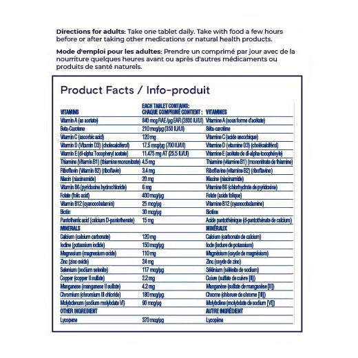 Back label showing Supplement Facts for One A Day Men's 50+ Complete Multivitamin 90 Tabs - MyVitaminHub