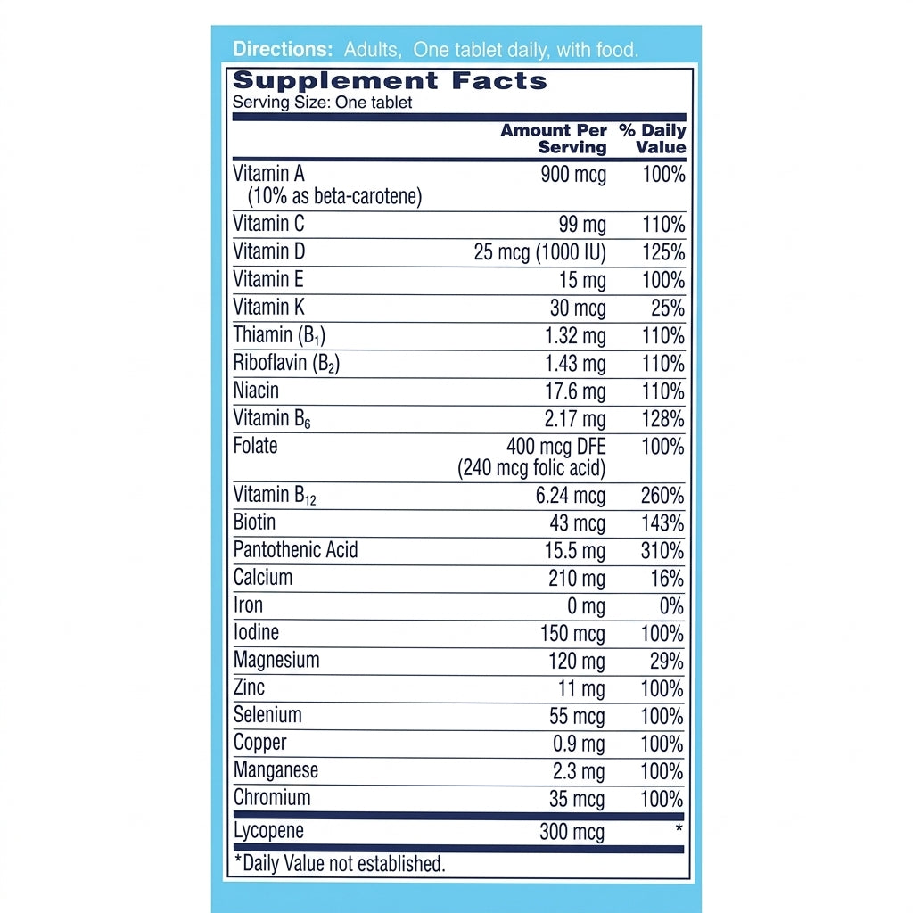 Back label showing Supplement Facts for One A Day Men's Complete Multivitamin 100 Tabs - MyVitaminHub