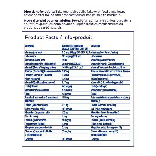 Back label showing Supplement Facts for One A Day Men's Complete Multivitamin 90 Tabs - MyVitaminHub