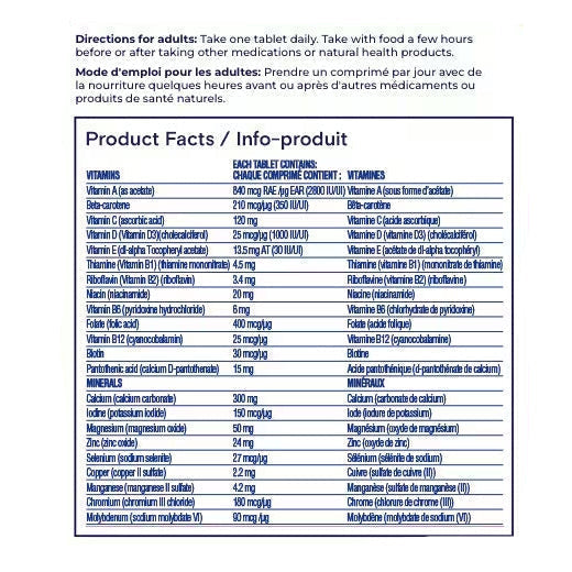 Back label showing Supplement Facts for One A Day Women's 50+ Complete Multivitamin 90 Tabs - MyVitaminHub