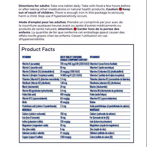 Back label showing Supplement Facts for One A Day Women's Complete Multivitamin 90 Tabs - MyVitaminHub