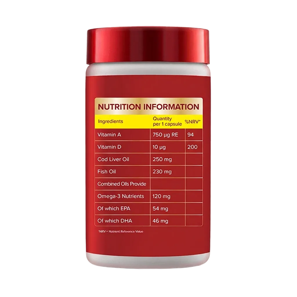 Nutrition Information Label for Seven Seas Cod Liver Oil One-A-Day 120 Capsules - MyVitaminHub
