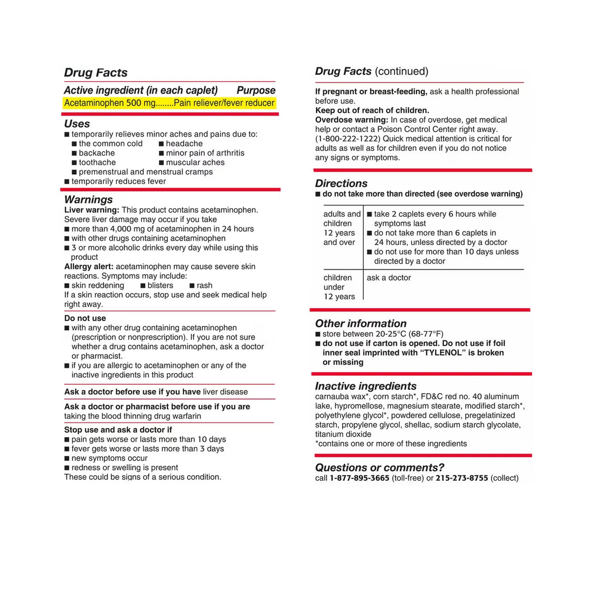 Tylenol Extra Strength Acetaminophen 500mg 100 Caplets