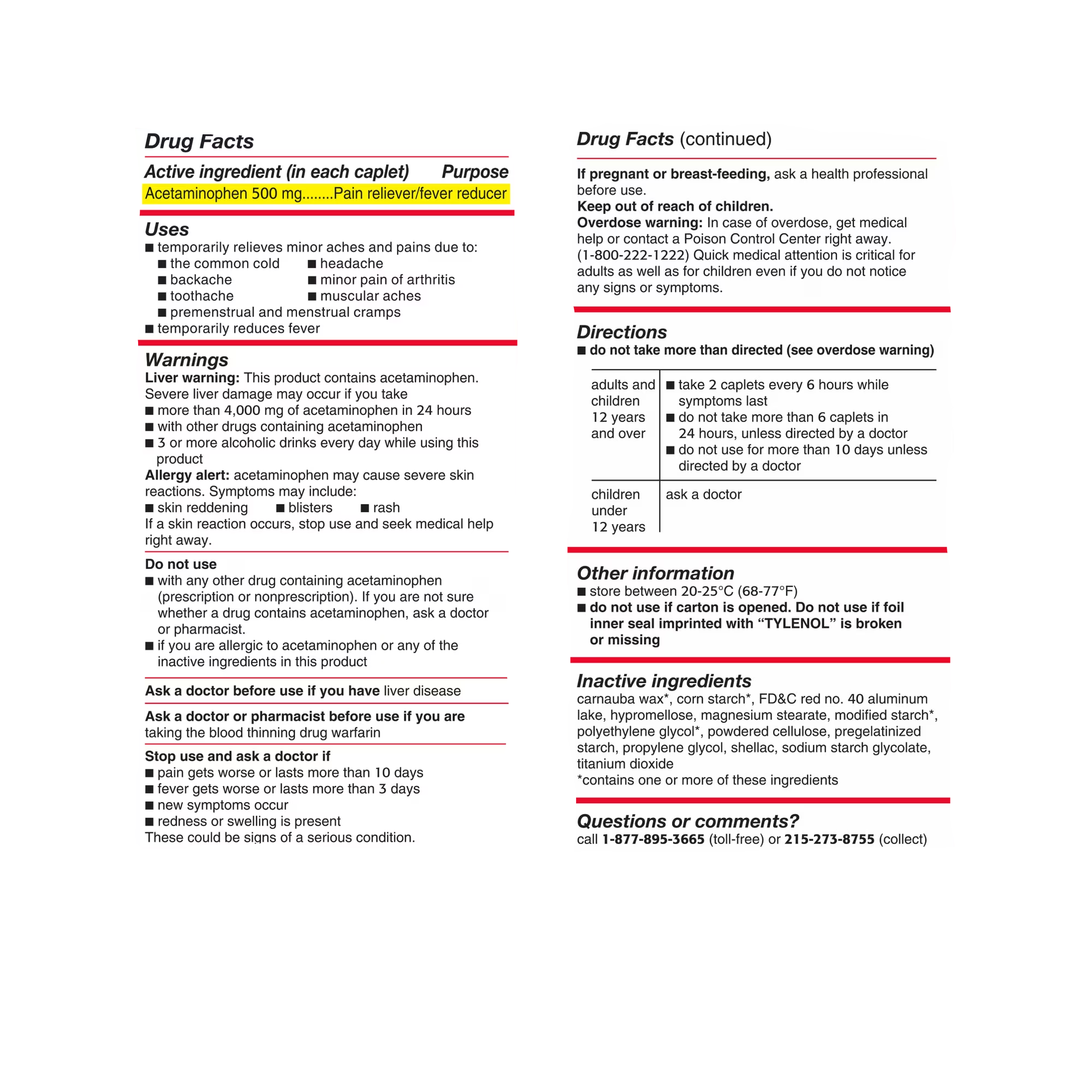 Full Drug Facts showing active ingredients, uses, and directions for Tylenol Muscle Aches & Pain | MyVitaminHub