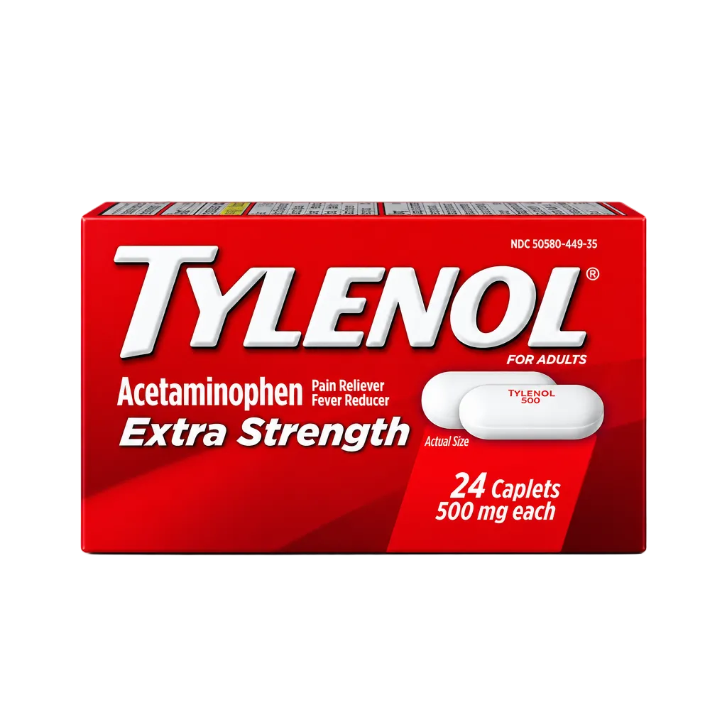 Tylenol Extra Strength 500mg 24 Caplets box on kitchen counter - Imported USA | MyVitaminHub