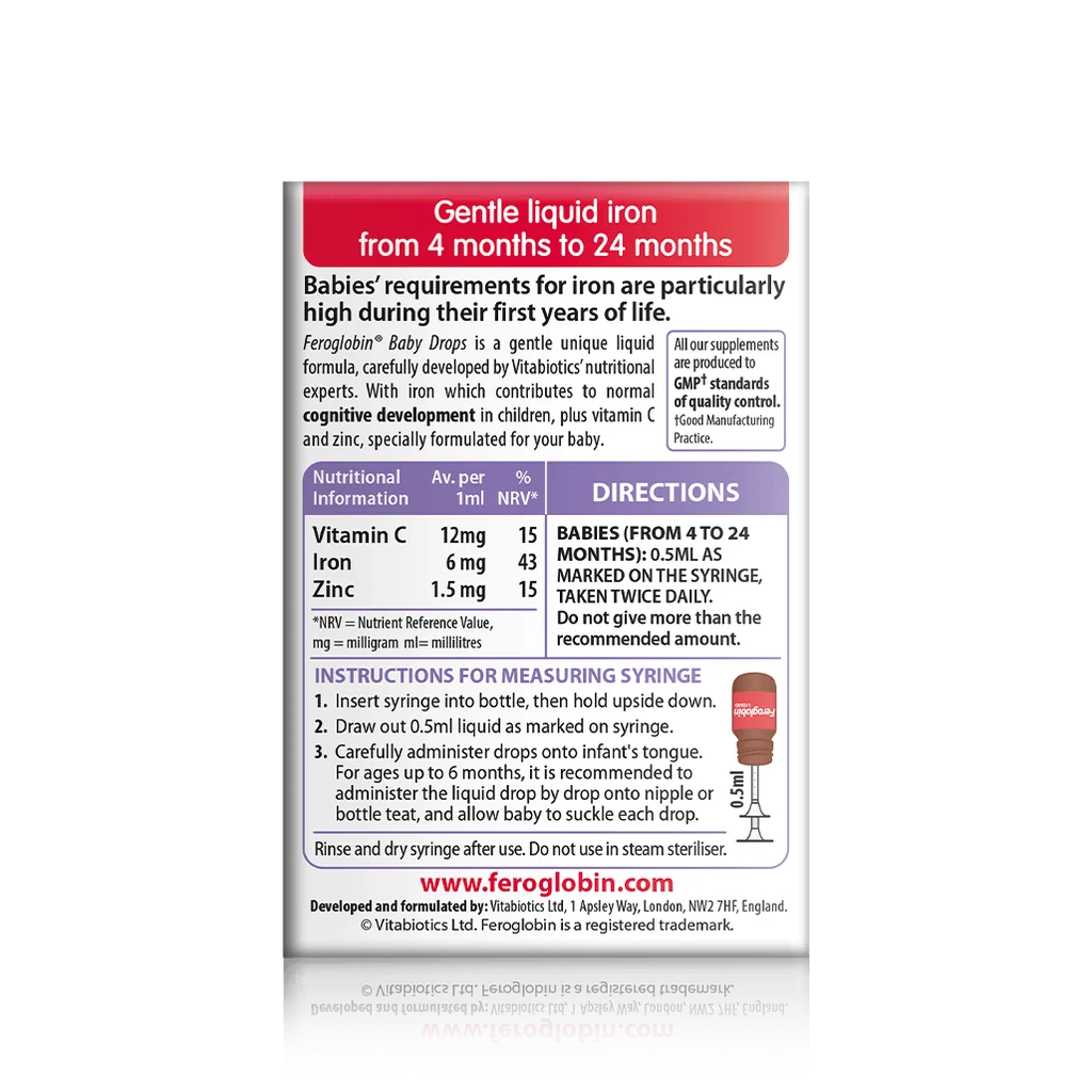 Back label showing supplement facts and dosage guide for Vitabiotics Feroglobin Baby Drops 30ml - MyVitaminHub