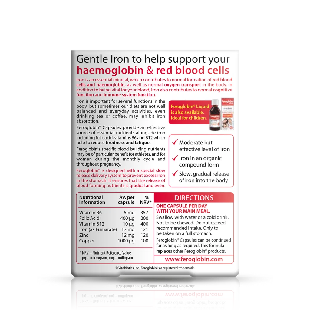 Back label showing supplement facts and ingredient table for Vitabiotics Feroglobin Capsules 30 Count - MyVitaminHub