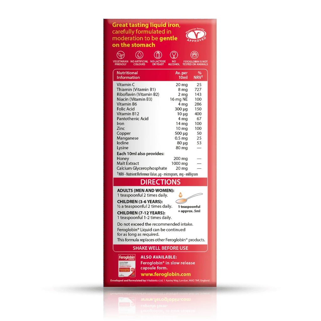 Back label showing supplement facts and ingredient table for Vitabiotics Feroglobin Liquid 200ml - MyVitaminHub