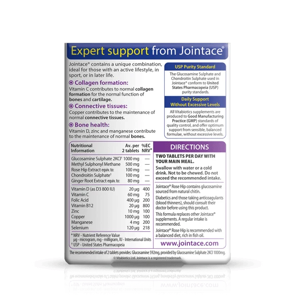 Back label showing supplement facts and ingredient table for Vitabiotics Jointace Rose Hip 30 Tabs - MyVitaminHub
