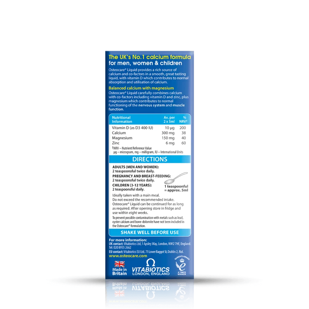 Back label showing supplement facts and ingredient table for Vitabiotics Osteocare Liquid 200ml - MyVitaminHub