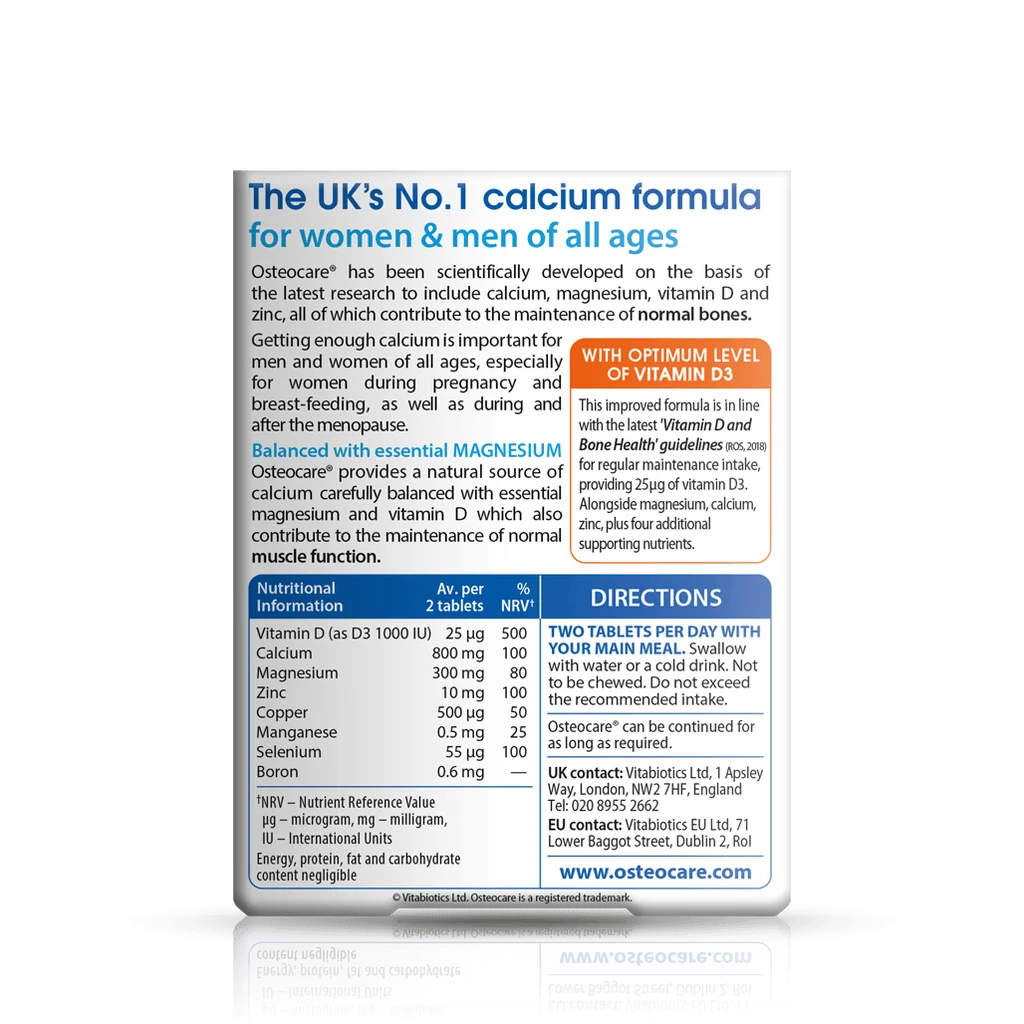 Back label showing supplement facts and ingredient table for Vitabiotics Osteocare Original 30 Tabs - MyVitaminHub