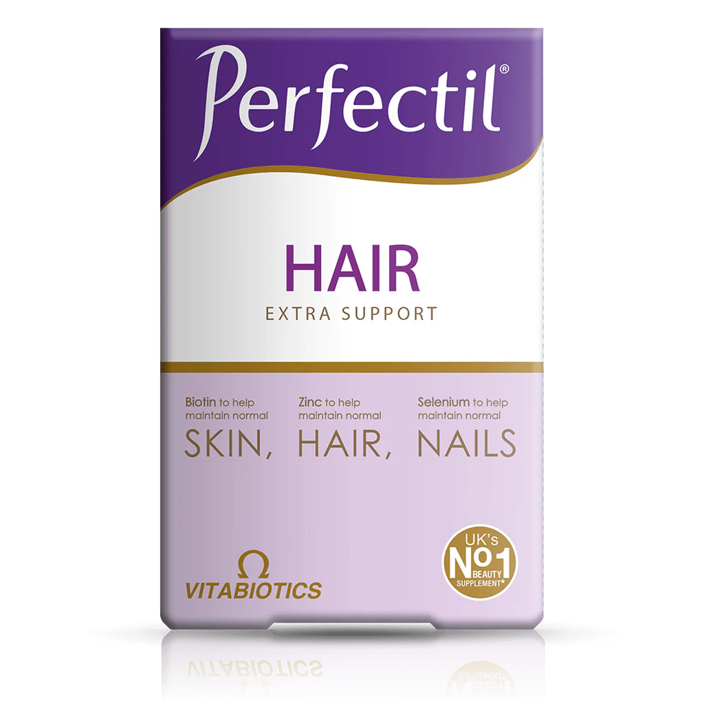 Front bottle of Vitabiotics Perfectil Hair Extra Support 60 Tabs - Imported UK Hair Beauty Supplement | MyVitaminHub