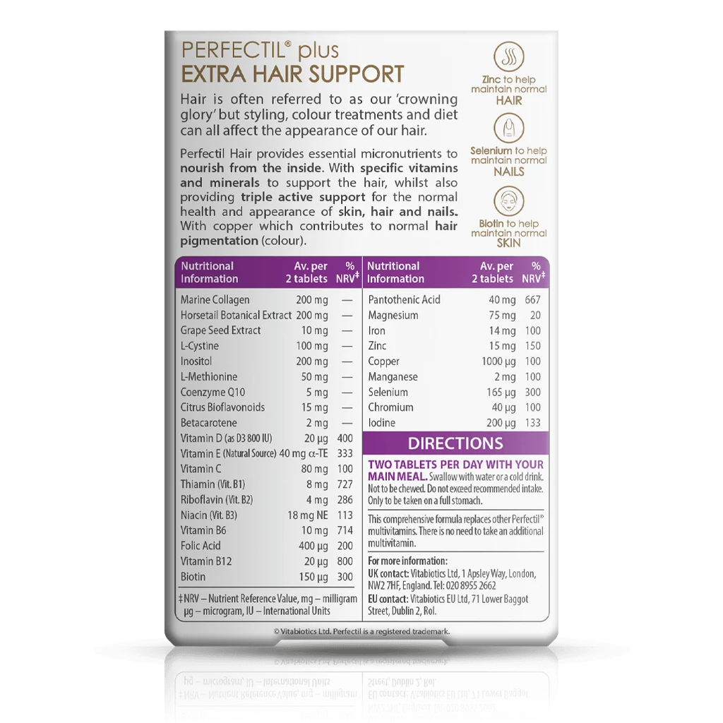 Back label showing supplement facts and ingredient table for Vitabiotics Perfectil Hair Extra Support 60 Tabs - MyVitaminHub