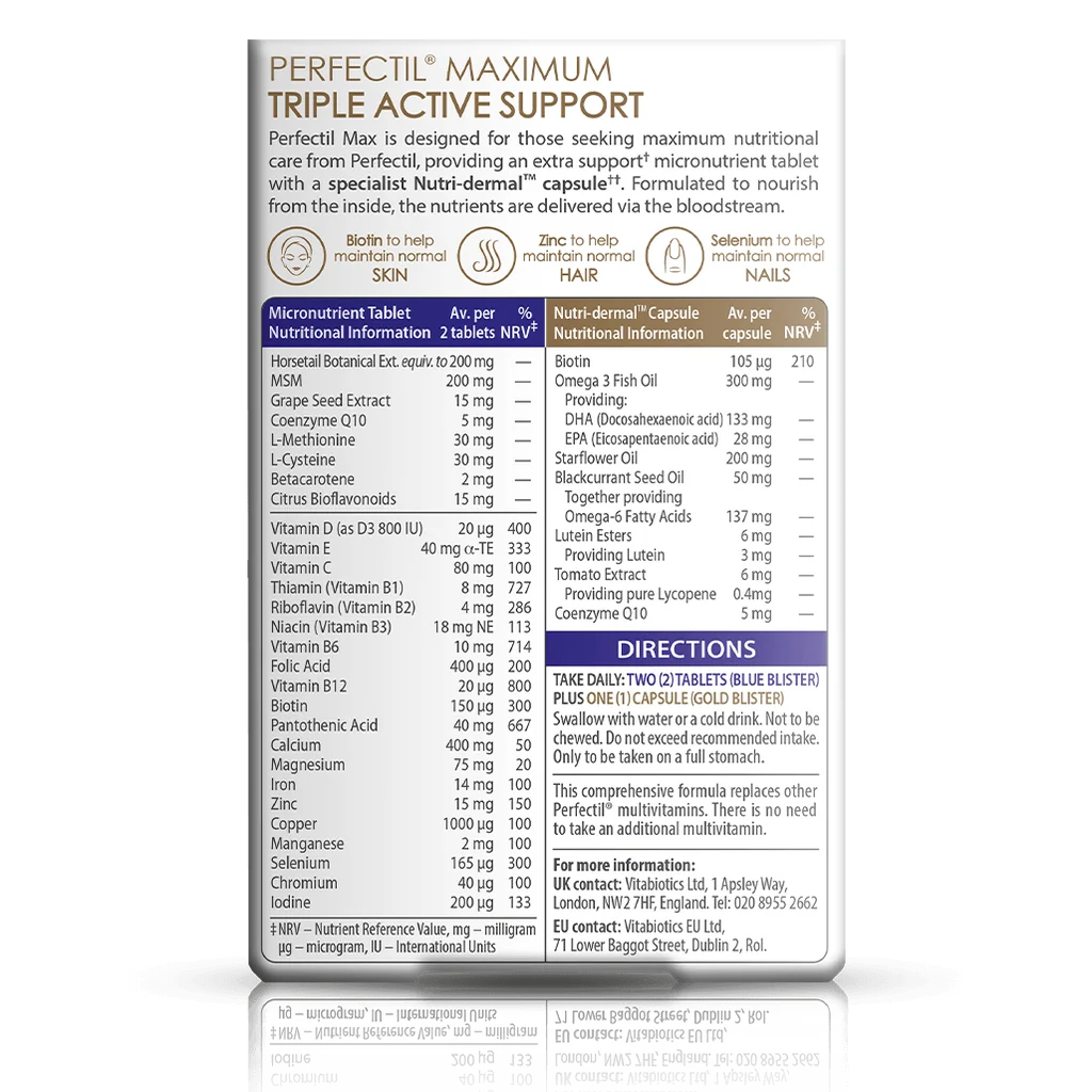 Back label showing supplement facts and ingredient table for Vitabiotics Perfectil Max 84 Count - MyVitaminHub
