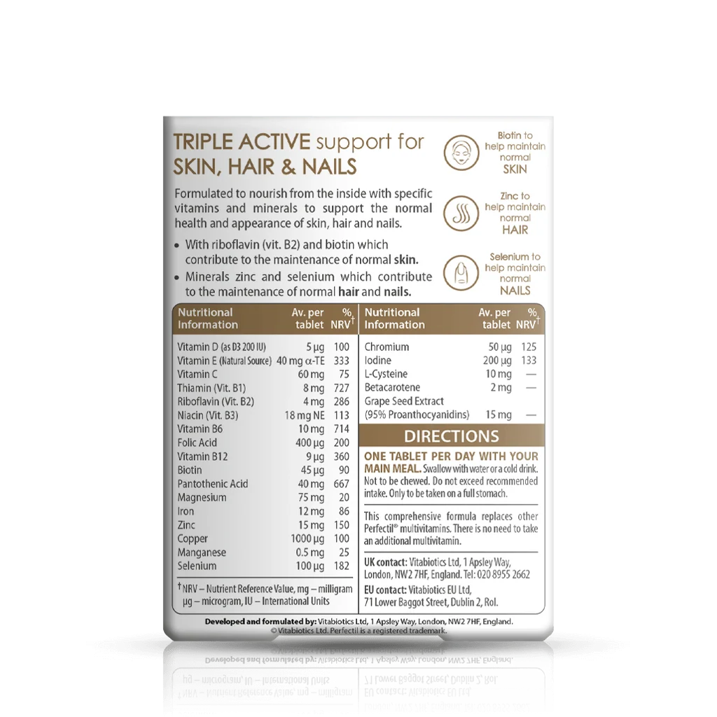 Back label showing supplement facts and ingredient table for Vitabiotics Perfectil Original 30 Tabs - MyVitaminHub