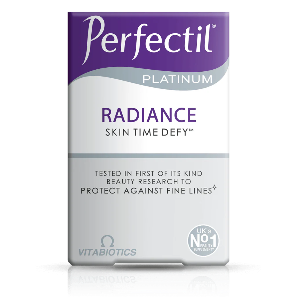 Front bottle of Vitabiotics Perfectil Platinum Radiance 60 Tabs - Imported UK Skin Supplement | MyVitaminHub