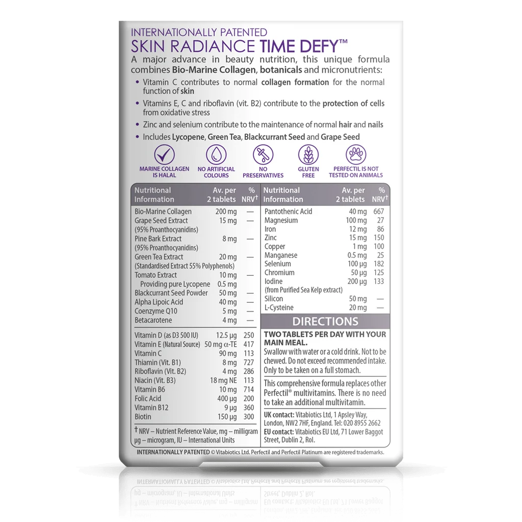 Back label showing supplement facts and ingredient table for Vitabiotics Perfectil Platinum Radiance 60 Tabs - MyVitaminHub