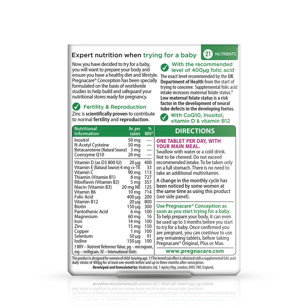 Back label showing supplement facts and ingredient table for Vitabiotics Pregnacare Before Conception 30 Tablets - MyVitaminHub