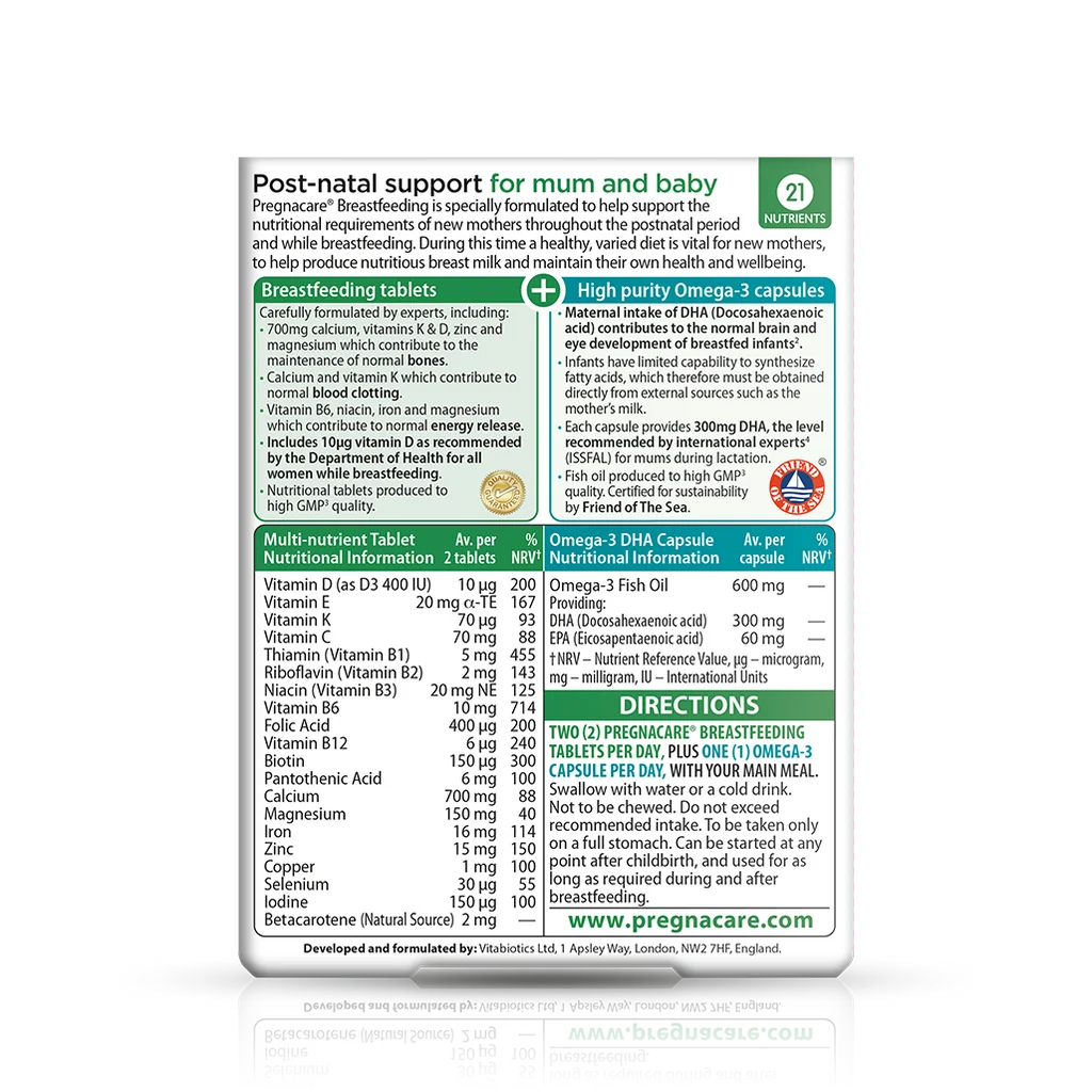Back label showing supplement facts and ingredient table for Vitabiotics Pregnacare Breast-feeding Dual Pack - MyVitaminHub