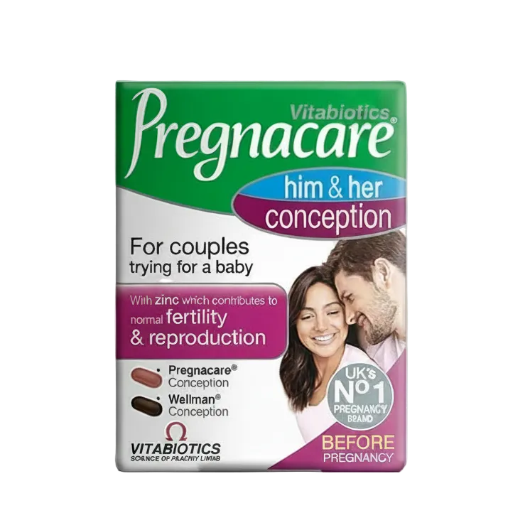 Front bottle of Vitabiotics Pregnacare Him & Her Conception Dual Pack 60 Tablets - Imported UK Couple Pre-Conception Supplement | MyVitaminHub
