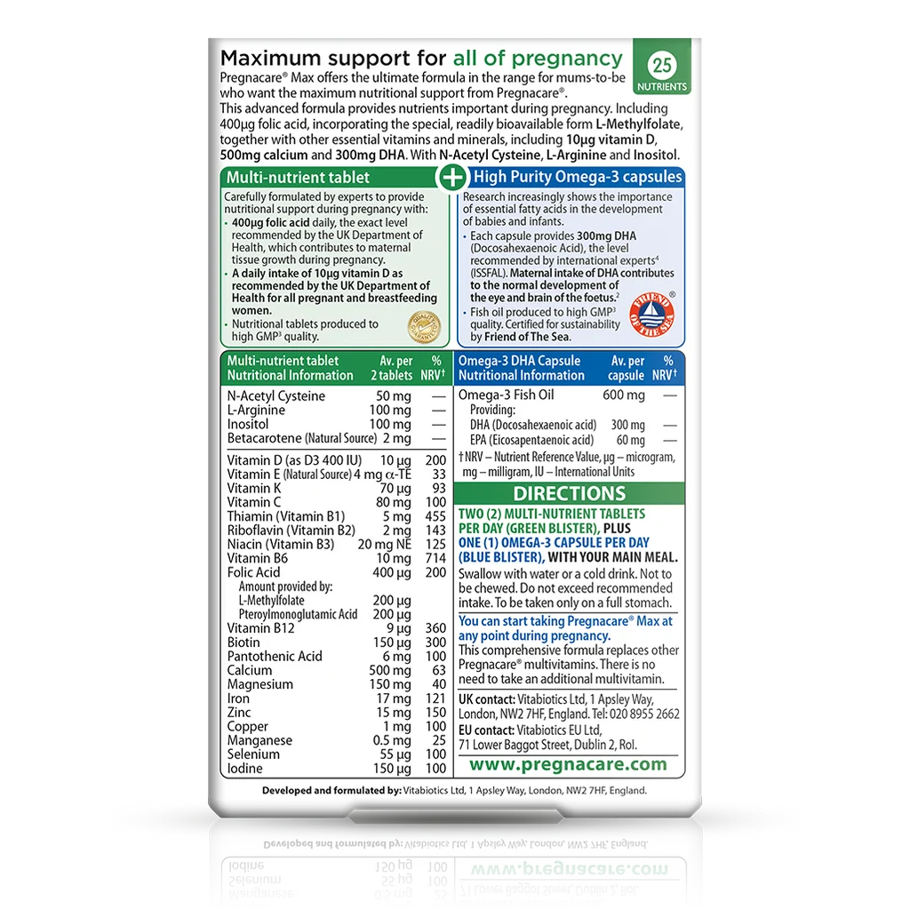 Back lable showing supplement facts and ingredient table for Vitabiotics Pregnacare Max Dual Pack 84 Count - MyVitaminHub