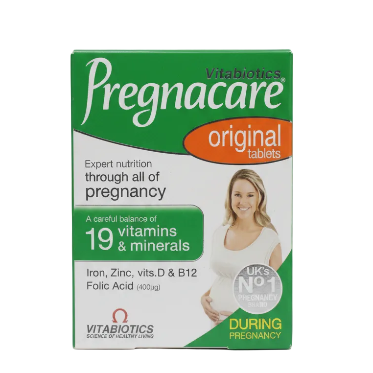 Front bottle of Vitabiotics Pregnacare Original 30 Tablets - Imported UK Pregnancy Supplement | MyVitaminHub