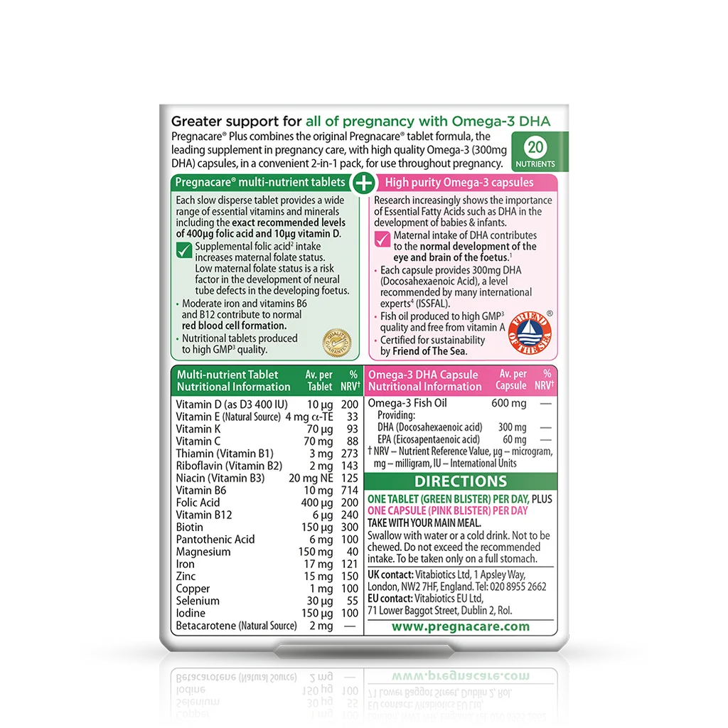 Back label showing supplement facts and ingredient table for Vitabiotics Pregnacare Plus Omega-3 56 Count - MyVitaminHub