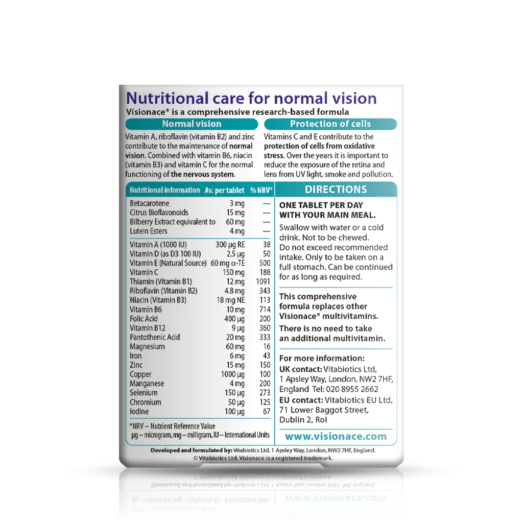 Back label showing supplement facts and ingredient table for Vitabiotics Visionace Original 30 Tabs - MyVitaminHub