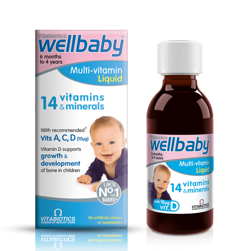 Front bottle of Vitabiotics Wellbaby Multi-Vitamin Liquid 150ml - Imported UK Baby Multivitamin 6 Months to 4 Years | MyVitaminHub