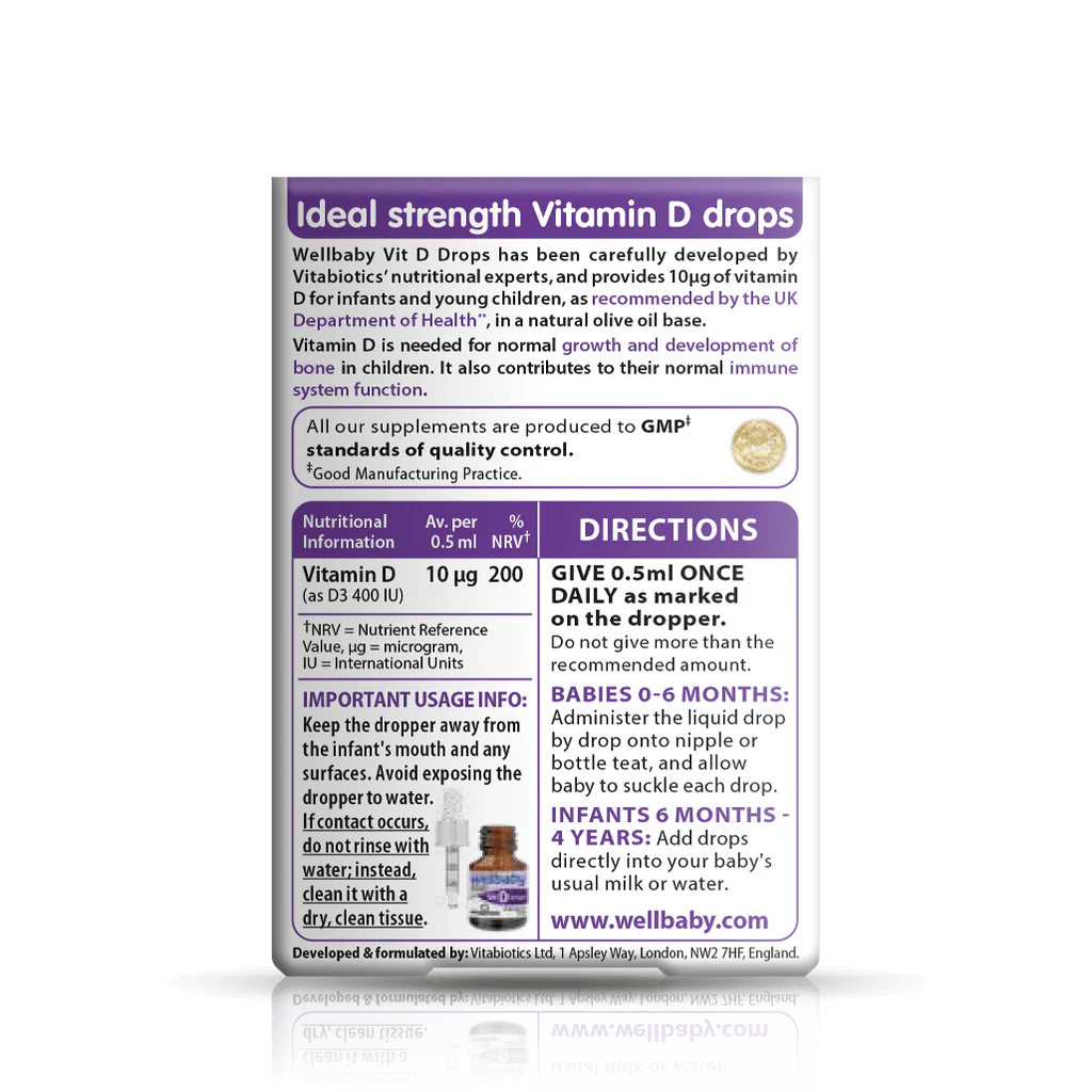 Back label showing supplement facts and ingredient table for Vitabiotics Wellbaby Vit D Drops 30ml - MyVitaminHub
