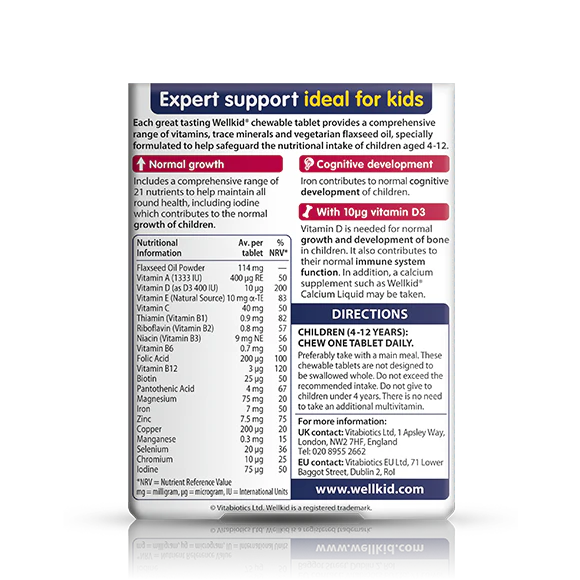 Back label showing supplement facts and ingredient table for Vitabiotics Wellkid Smart Chewable 30 Count - MyVitaminHub