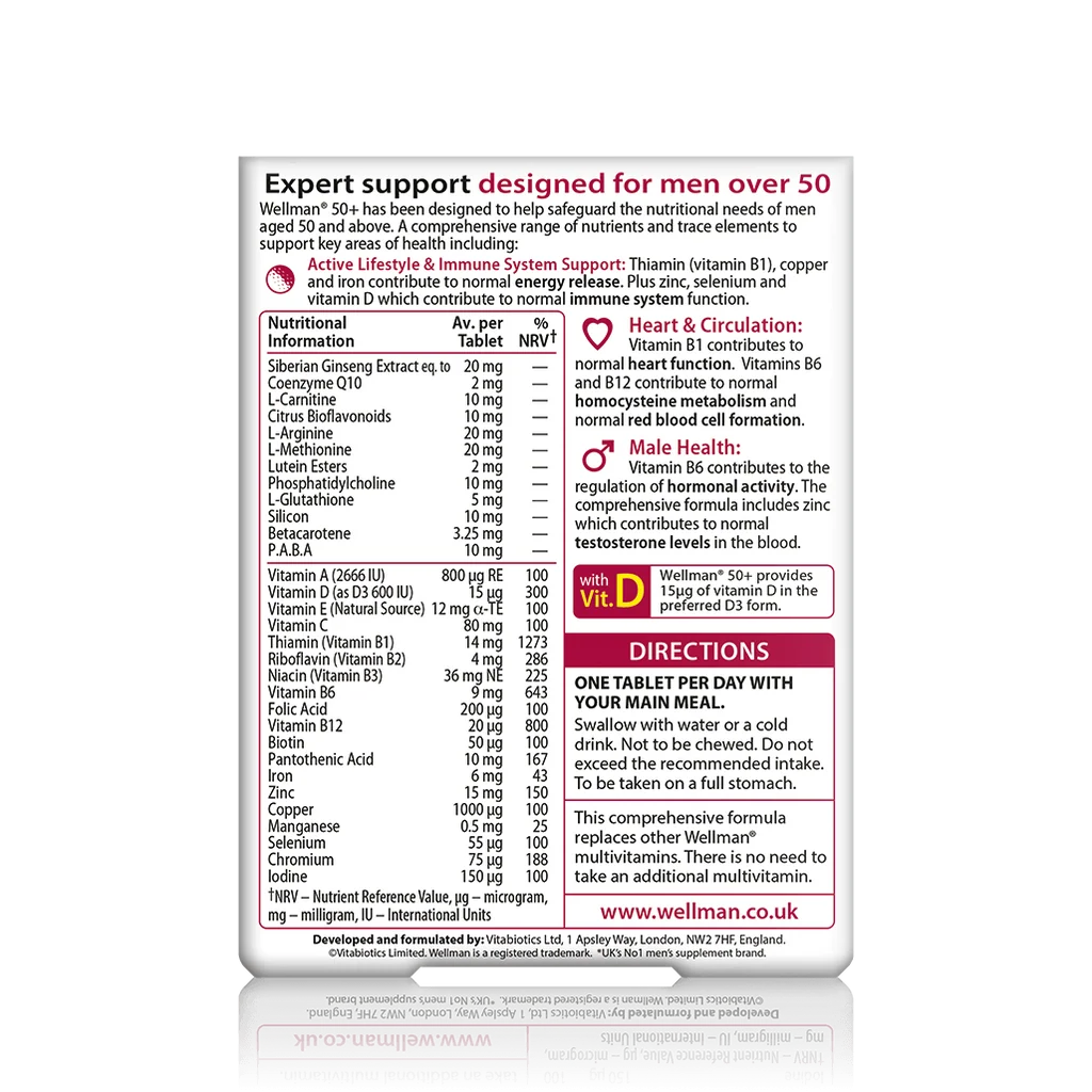 Back label showing supplement facts and ingredient table for Vitabiotics Wellman 50+ 30 Tabs - MyVitaminHub