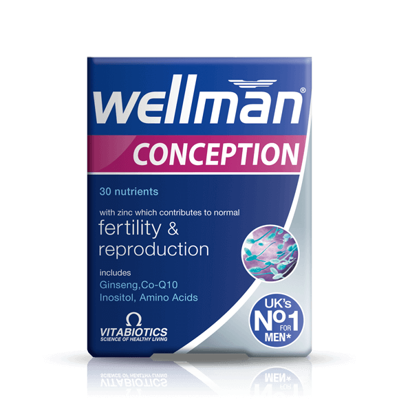Front bottle of Vitabiotics Wellman Conception 30 Tabs - Imported UK Men's Fertility Supplement | MyVitaminHub