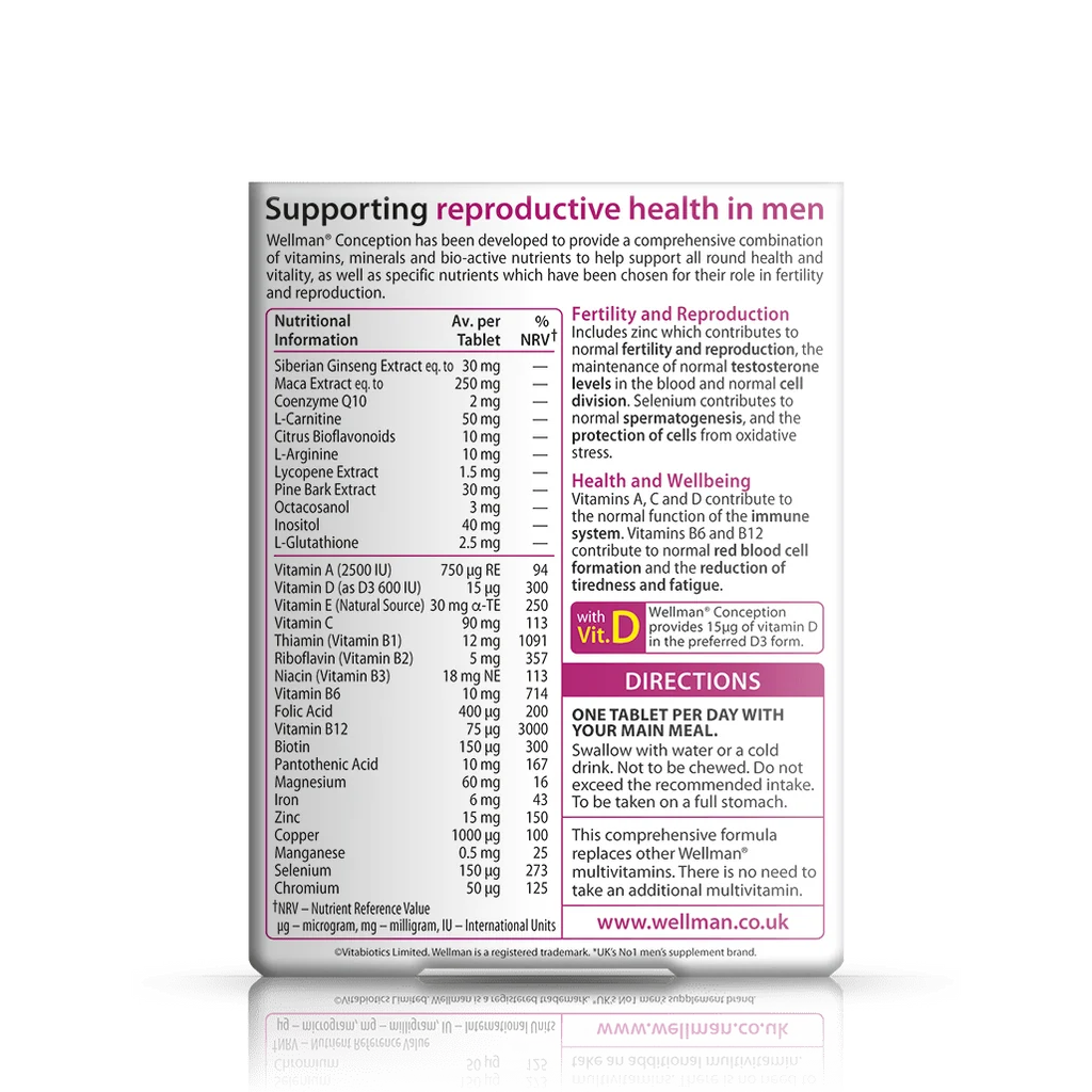 Back label showing supplement facts and ingredient table for Vitabiotics Wellman Conception 30 Tabs - MyVitaminHub