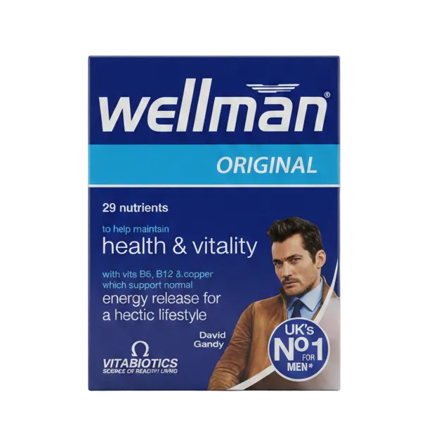 Front bottle of Vitabiotics Wellman Original 30 Tabs - Imported UK Men's Multivitamin | MyVitaminHub