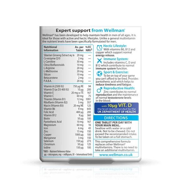 Back label showing supplement facts and ingredient table for Vitabiotics Wellman Original 30 Tabs - MyVitaminHub