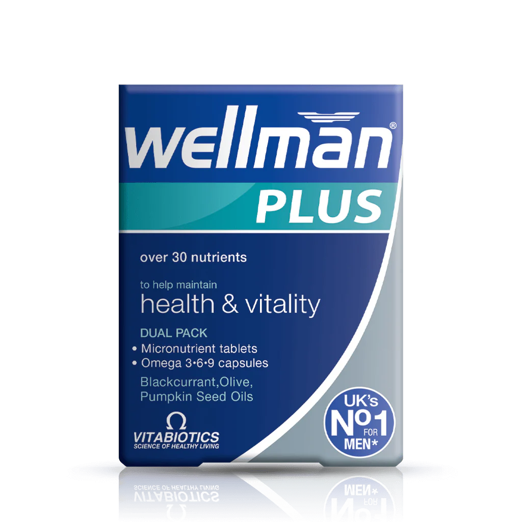 Front box of Vitabiotics Wellman Plus Omega 3-6-9 56 Count - Imported UK Men's Multivitamin & Omega Dual Pack | MyVitaminHub