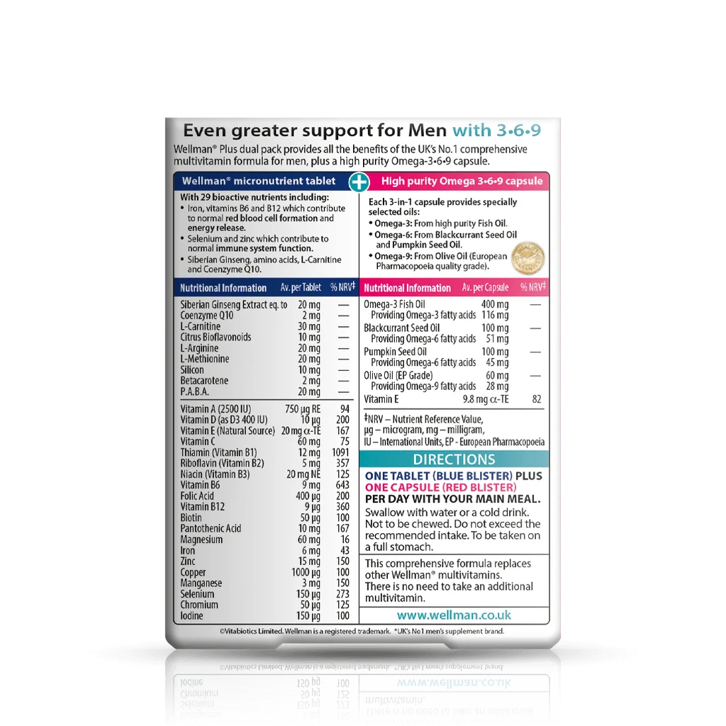 Back label showing supplement facts and ingredient table for Vitabiotics Wellman Plus Omega 3-6-9 56 Count - MyVitaminHub